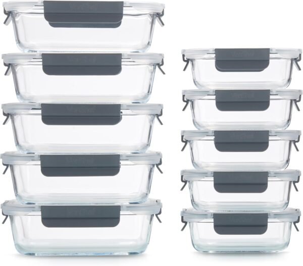 VonShef Glass Containers with Lids - 10 Piece Meal Prep Food Lunch Boxes 1L and 370ml Capacities, Oven and Dishwasher Safe, Airtight Leakproof Seal Great for Batch Cooking - Image 3