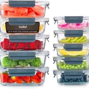 VonShef Glass Containers with Lids - 10 Piece Meal Prep Food Lunch Boxes 1L and 370ml Capacities, Oven and Dishwasher Safe, Airtight Leakproof Seal Great for Batch Cooking