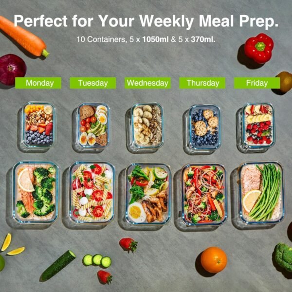 VonShef Glass Containers with Lids - 10 Piece Meal Prep Food Lunch Boxes 1L and 370ml Capacities, Oven and Dishwasher Safe, Airtight Leakproof Seal Great for Batch Cooking - Image 7